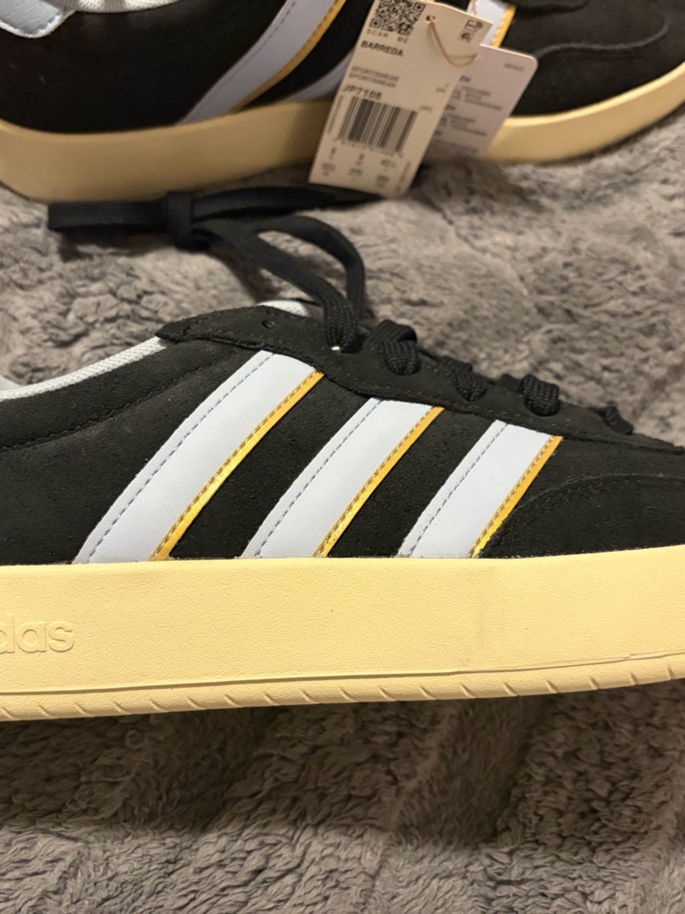 Adidas WomenBlack Suede Sneakers with White & Gold Stripes